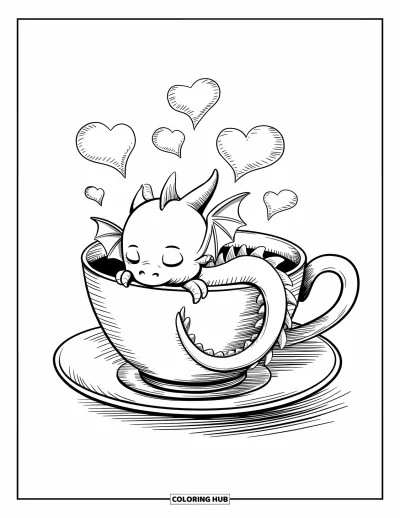 Dibujo de dragones para colorear para adultos: Un bebé dragón descansa dentro de una taza de té mientras el vapor forma corazones arriba