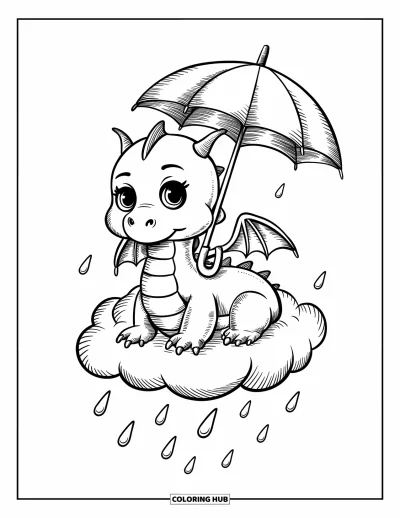 Dibujo de dragones para colorear para adultos: Un bebé dragón se acurruca en una nube, rodeado de corazones flotantes y suaves gotas de lluvia
