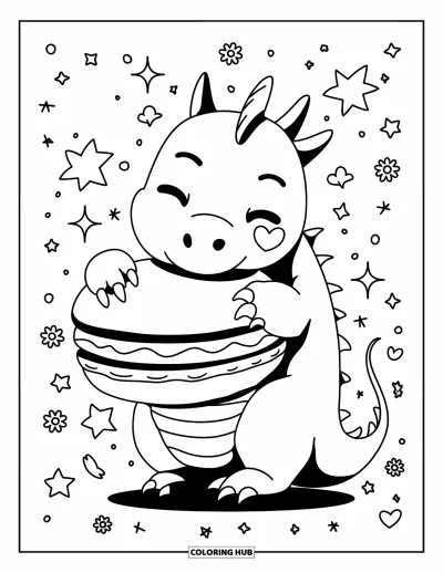 Dibujo de dragones para colorear para adultos: Un dragón alegre abraza un macaron, con pequeños corazones y estrellas brillando alrededor