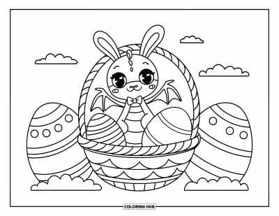 Dibujo de dragones para colorear para adultos: Un dragón alegre con orejas de conejo envuelve su cola alrededor de un huevo dentro de una canasta decorada