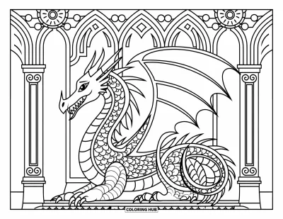 Dibujo de dragones para colorear para adultos: Un dragón coronado se sienta en un palacio gótico, rodeado de pilares intrincados y arcos tallados