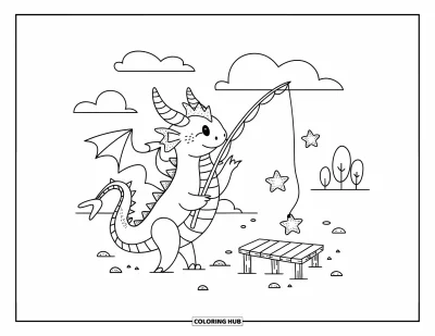 Dibujo de dragones para colorear para adultos: Un tierno dragón se sienta en un muelle pequeño y usa una caña para atrapar estrellas flotantes