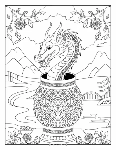 Dibujo de dragones para colorear para adultos: Un dragón irrumpe desde una linterna decorada, rodeado de patrones florales y de enredaderas