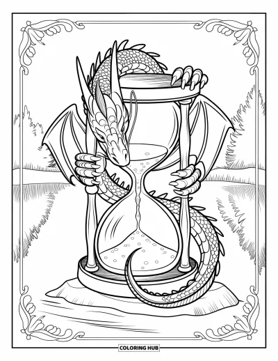Dibujo de dragones para colorear para adultos: Un dragón se aferra a un reloj de arena sobre una roca, con su reflejo brillando en un lago calmo