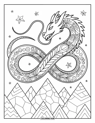 Dibujo de dragones para colorear para adultos: Un dragón se enrolla en un lazo de infinito y vuela sobre picos escarpados bajo un cielo estrellado
