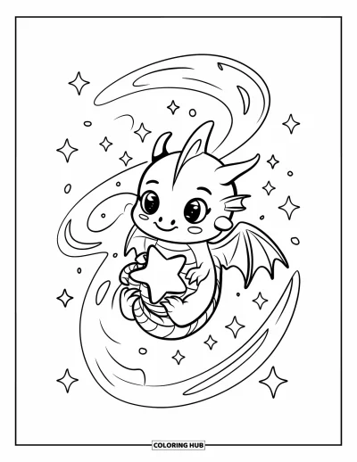 Dibujo de dragones para colorear para adultos: Un dragón acuna una pequeña estrella, rodeado de suaves destellos flotantes y una estela cósmica