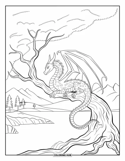 Dibujo de dragones para colorear para adultos: Un dragón se enrosca en un árbol retorcido, posado sobre un paisaje rocoso con montañas lejanas