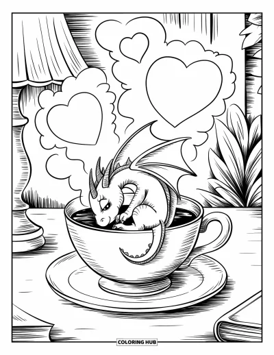 Dibujo de dragones para colorear para adultos: Un dragón se acurruca dentro de una taza de té sobre un platillo, rodeado de decoración de una habitación acogedora