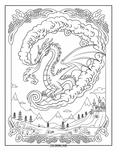Dibujo de dragones para colorear para adultos: Un dragón emerge de remolinos de niebla y lanza fuego sobre un castillo lejano y montañas