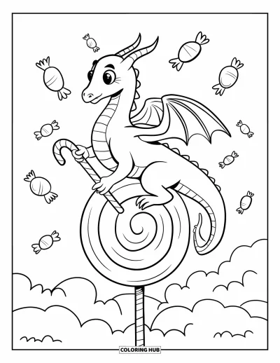 Dibujo de dragones para colorear para adultos: Un dragón bate sus alas mientras está de pie sobre una paleta, rodeado de caramelos flotantes