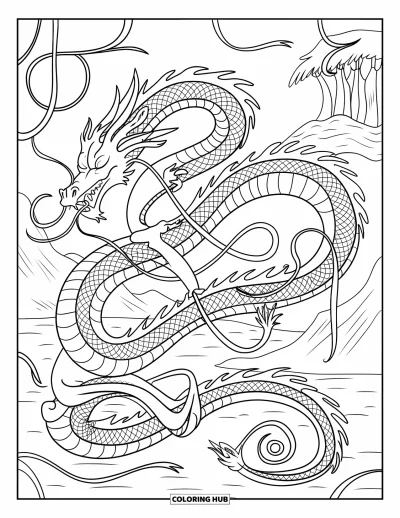 Dibujo de dragones para colorear para adultos: Un dragón se desliza por un laberinto de enredaderas, con su cuerpo escamoso retorciéndose entre símbolos antiguos
