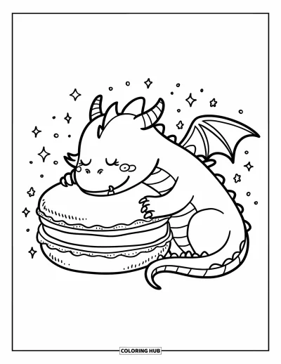 Dibujo de dragones para colorear para adultos: Un dragón acaricia feliz un macaron suave, rodeado de estrellas y destellos flotantes
