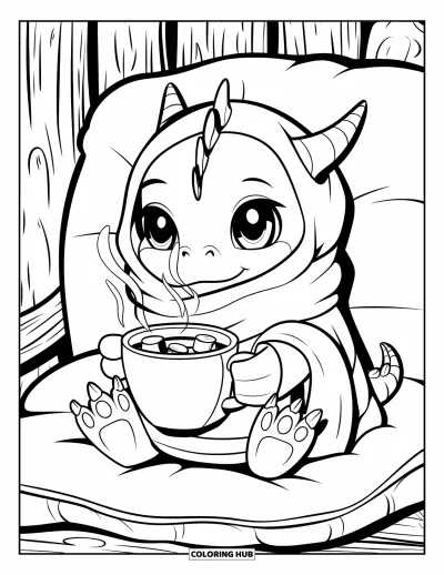 Dibujo de dragones para colorear para adultos: Un dragón con bufanda abrigada bebe de una taza caliente, sentado en una habitación rústica de madera