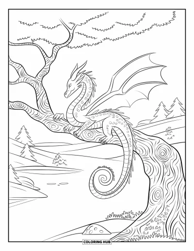 Dibujo de dragones para colorear para adultos: Un dragón descansa en una rama retorcida, contemplando colinas onduladas y un lago en calma