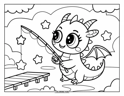 Dibujo de dragones para colorear para adultos: Un dragón en un muelle de madera pesca estrellas, rodeado de nubes de ensueño y un lago sereno