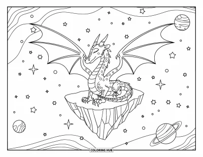 Dibujo de dragones para colorear para adultos: Un dragón se posa en una roca flotante, rodeado de estrellas, planetas y patrones cósmicos