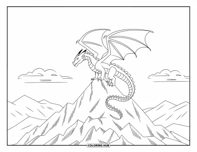 Dibujo de dragones para colorear para adultos: Un dragón se posa en un pico montañoso escarpado, con las alas abiertas de par en par y la cola enroscada abajo