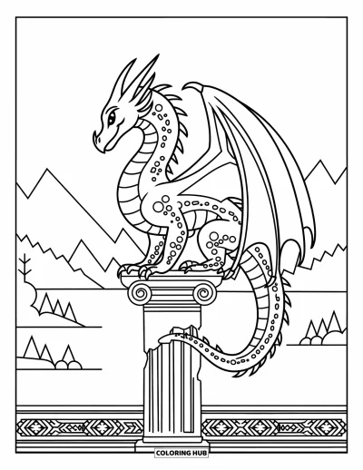 Dibujo de dragones para colorear para adultos: Un dragón se posa en un pilar de piedra, rodeado de montañas, árboles y agua