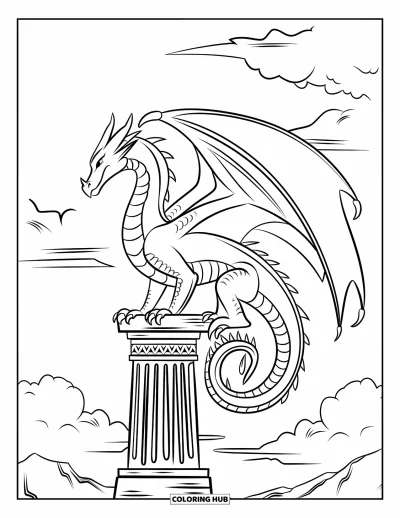 Dibujo de dragones para colorear para adultos: Un dragón descansa sobre un pilar antiguo, con las alas curvándose alrededor mientras las nubes giran detrás