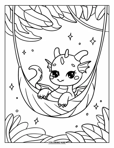 Dibujo de dragones para colorear para adultos: Un dragón descansa en una hamaca de hojas, rodeado de destellos flotantes y una energía tranquila