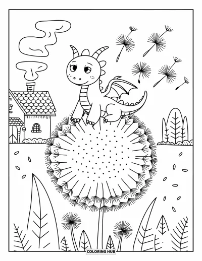 Dibujo de dragones para colorear para adultos: Un dragón descansa sobre un diente de león, con una cabaña acogedora y árboles a lo lejos