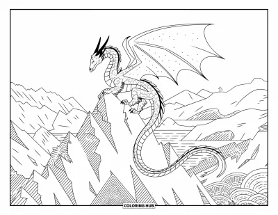 Dibujo de dragones para colorear para adultos: Un dragón descansa sobre una montaña imponente, rodeado de valles, ríos y picos lejanos