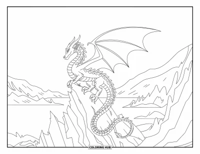 Dibujo de dragones para colorear para adultos: Un dragón se sienta en la cima de un pico rocoso, contemplando un lago sereno y vegetación frondosa