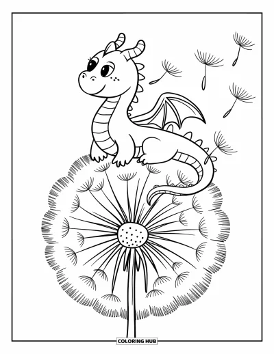 Dibujo de dragones para colorear para adultos: Un dragón se sienta sobre un gran diente de león y sujeta semillas esponjosas que flotan con el viento