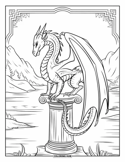 Dibujo de dragones para colorear para adultos: Un dragón está sobre un antiguo pilar de piedra, con las alas parcialmente envueltas alrededor de la estructura