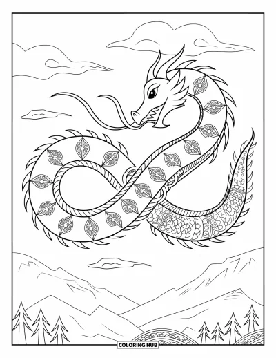 Dibujo de dragones para colorear para adultos: Un dragón se retuerce en forma de infinito, con sus escamas estampadas sobre un cielo nublado