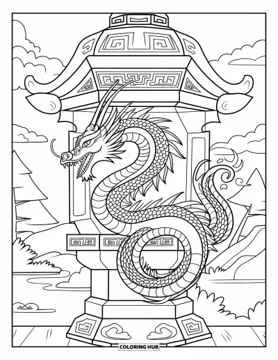 Dibujo de dragones para colorear para adultos: Un dragón de cola enroscada emerge de una linterna tallada, sobre un paisaje tranquilo