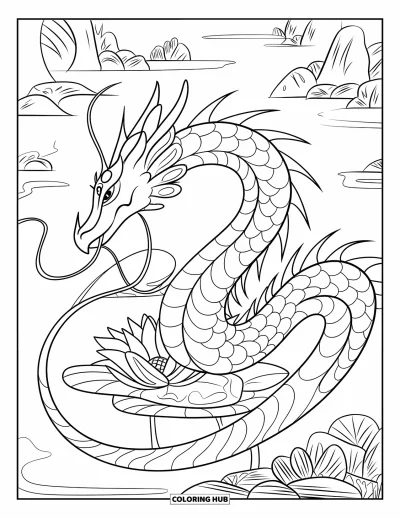 Dibujo de dragones para colorear para adultos: Un dragón de cola larga y enrollada descansa junto a una flor de loto a la orilla de un lago sereno