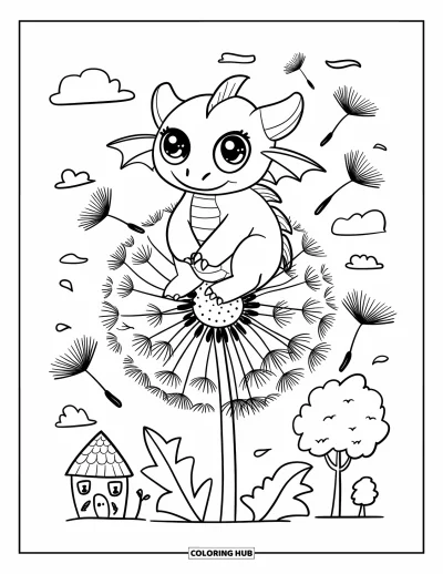 Dibujo de dragones para colorear para adultos: Un dragón de ojos grandes se aferra a un diente de león mientras sus semillas suben al cielo