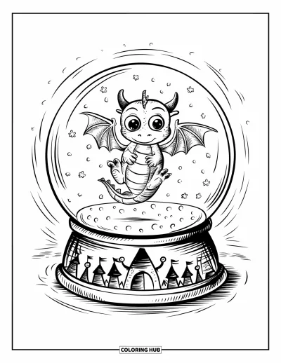 Dibujo de dragones para colorear para adultos: Un dragón de ojos grandes se aferra al cristal de una bola de nieve, rodeado de copos en remolino