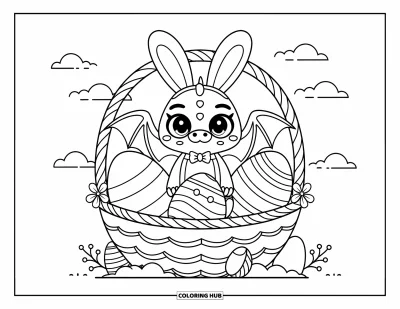 Dibujo de dragones para colorear para adultos: Un dragón con orejas de conejo y pajarita está sentado en una canasta de Pascua llena de huevos grandes