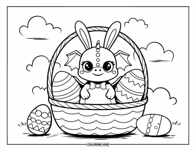 Dibujo de dragones para colorear para adultos: Un dragón con orejas de conejo y pequeña pajarita está sentado en una canasta festiva, rodeado de nubes