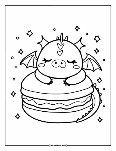 Dibujo de dragones para colorear para adultos: Un dragón de ojos cerrados abraza un macaron gigante, rodeado de destellos de ensueño