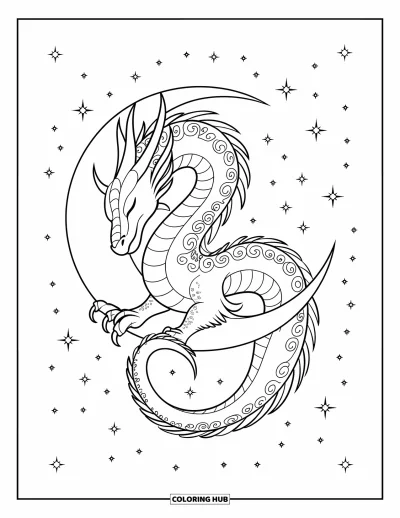Dibujo de dragones para colorear para adultos: Un dragón de alas detalladas descansa sobre una luna creciente, rodeado de un cielo nocturno estrellado