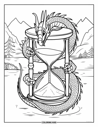 Dibujo de dragones para colorear para adultos: Un dragón de escamas elaboradas agarra un reloj de arena, con la arena fluyendo sin fin