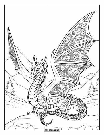 Dibujo de dragones para colorear para adultos: Un dragón de alas elaboradas descansa en un terreno rocoso, rodeado de montañas y árboles