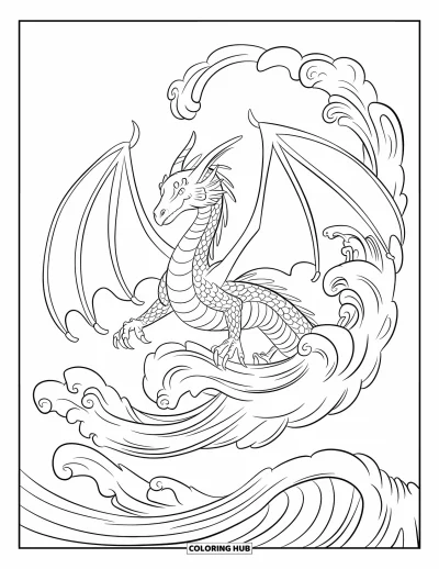 Dibujo de dragones para colorear para adultos: Un dragón de ojos brillantes extiende sus alas, rodeado de niebla decorativa en remolinos