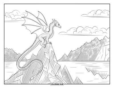 Dibujo de dragones para colorear para adultos: Un dragón de escamas intrincadas se posa en un pico afilado, reflejado en el lago de abajo
