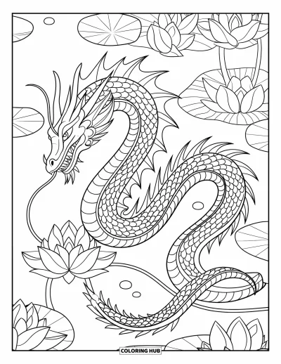 Dibujo de dragones para colorear para adultos: Un dragón de escamas intrincadas envuelve su cola alrededor de una flor de loto en un estanque tranquilo