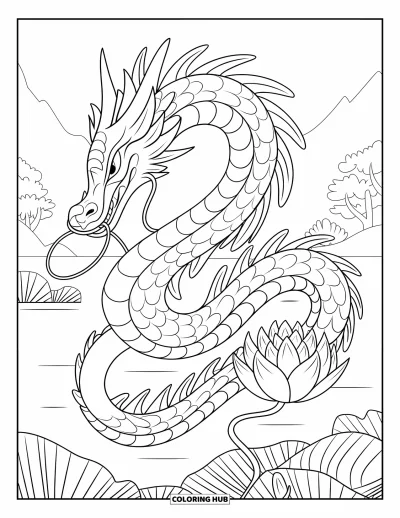 Dibujo de dragones para colorear para adultos: Un dragón de escamas en capas enrosca su cola alrededor de un loto en flor en un entorno tranquilo