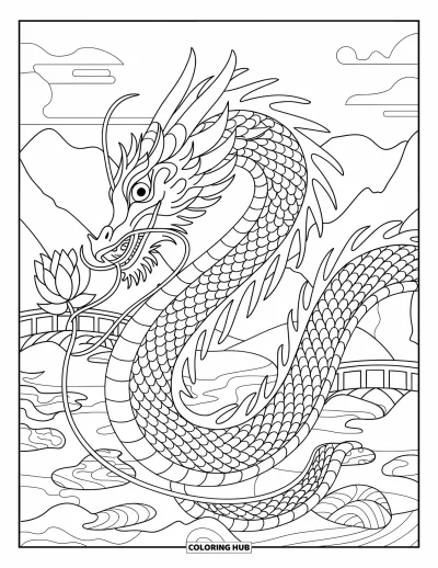 Dibujo de dragones para colorear para adultos: Un dragón de escamas superpuestas se enrosca alrededor de un loto, con montañas y un templo detrás
