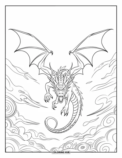 Dibujo de dragones para colorear para adultos: Un dragón de alas extendidas asciende entre remolinos de viento y patrones de nubes intrincados