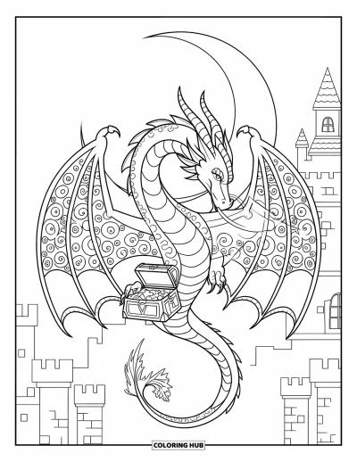 Dibujo de dragones para colorear para adultos: Un dragón con patrones en espiral en las alas se enrosca en una luna creciente, sujetando un cofre del tesoro