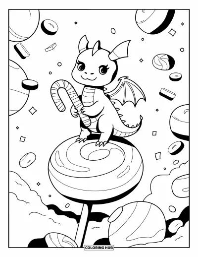 Dibujo de dragones para colorear para adultos: Un dragón con alitas se equilibra sobre una paleta, rodeado de dulces flotantes
