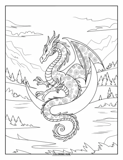 Dibujo de dragones para colorear para adultos: Un dragón envuelve una luna creciente apoyada en el suelo, frente a un paisaje apacible
