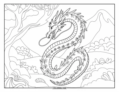 Dibujo de dragones para colorear para adultos: Un dragón se enrolla alrededor de un árbol, con su cola en espiral decorada con elegantes motivos florales